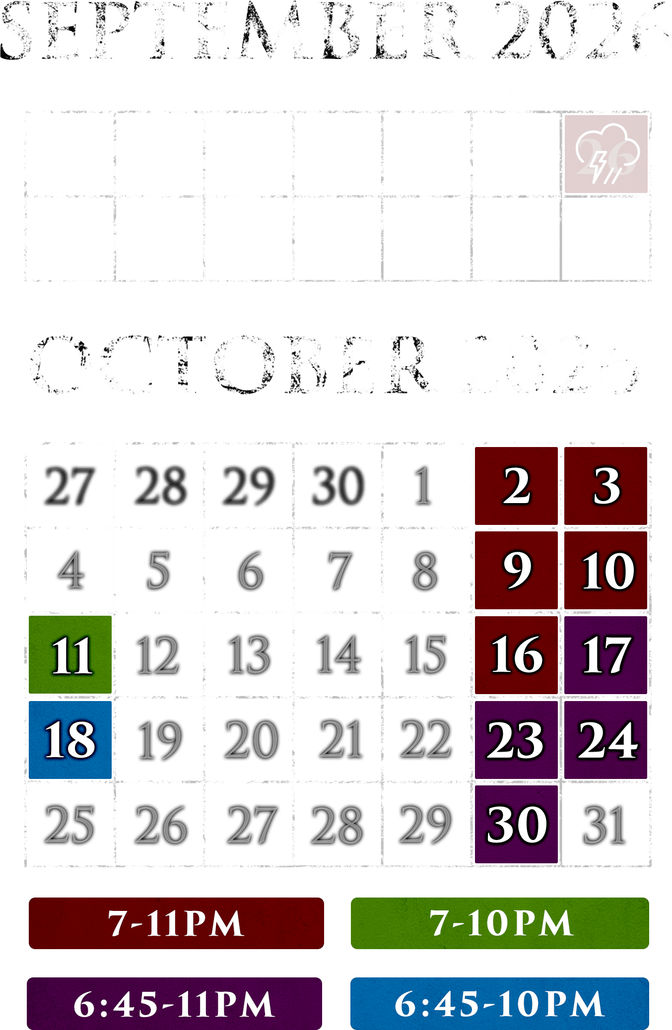 2026 open dates: September 26th, October 2, 3, 9, 10, 11, 16, 17, 18, 23, 24, & 30th. Entry starts at 7pm through October 16 and at 6:45pm from October 17; last entry 11pm Fridays and Saturdays, 10pm Sundays.
