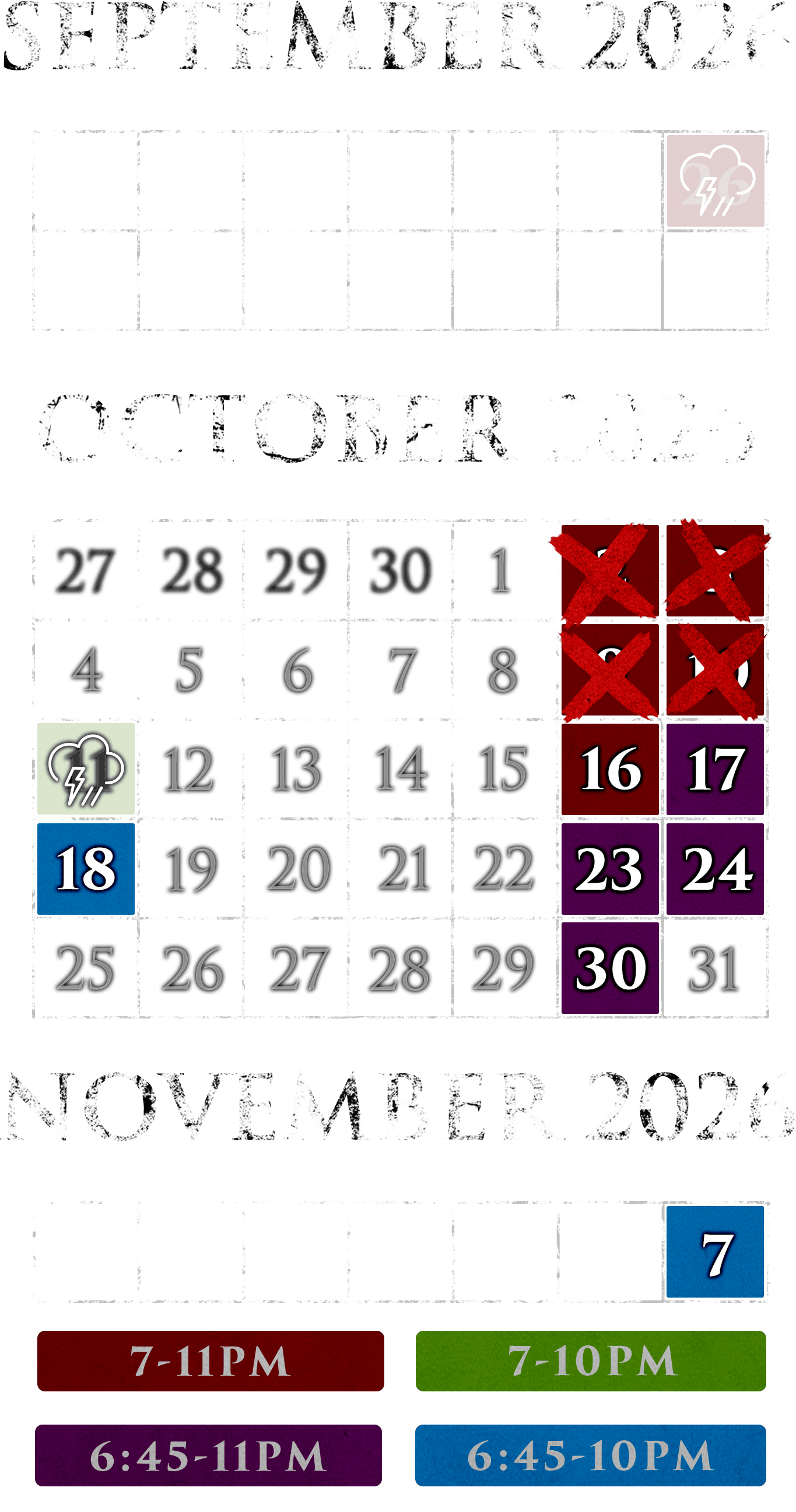2026 open dates: September 26th, October 2, 3, 9, 10, 11, 16, 17, 18, 23, 24, & 30th. Entry starts at 7pm through October 16 and at 6:45pm from October 17; last entry 11pm Fridays and Saturdays, 10pm Sundays.
