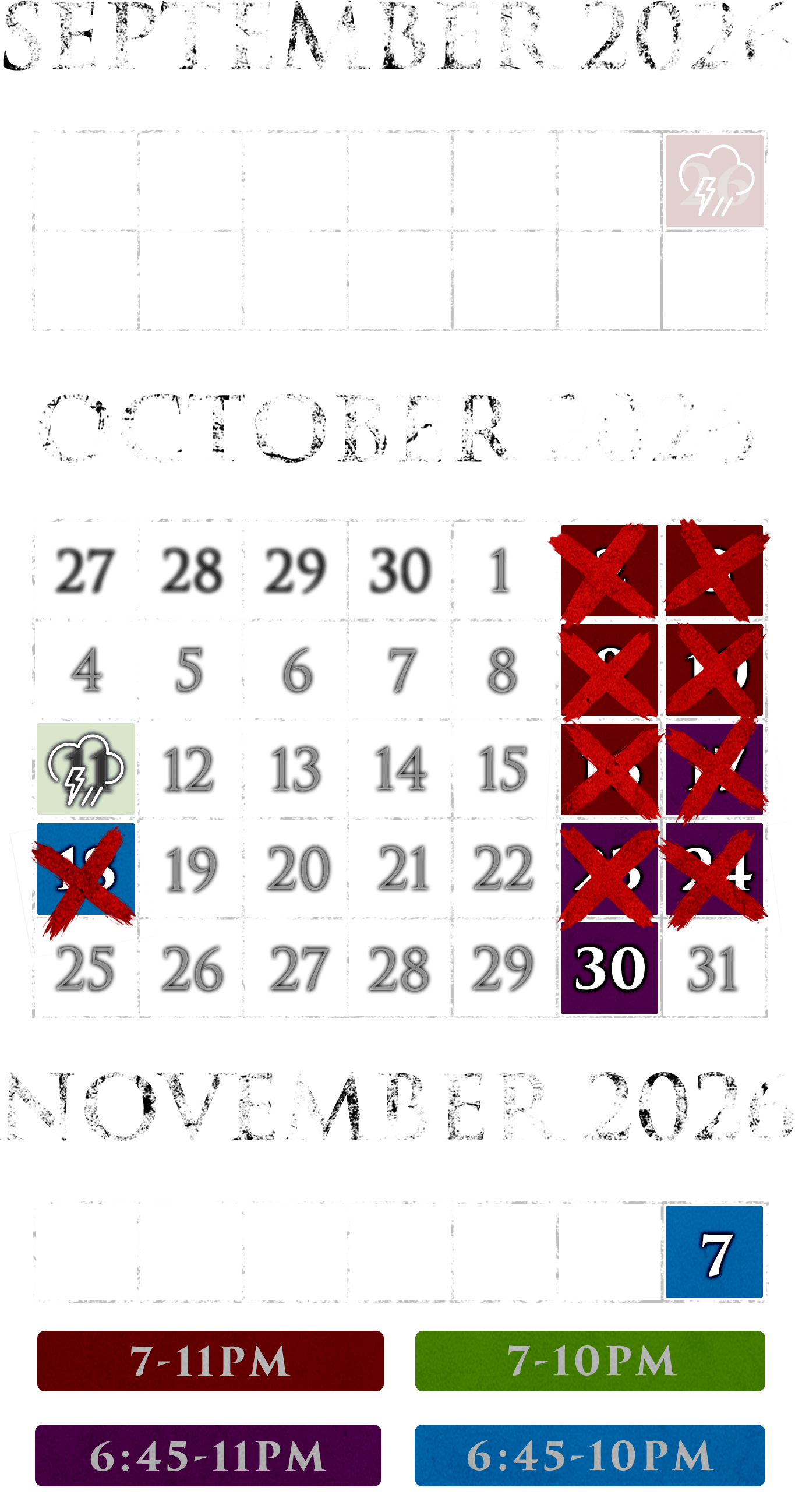 2026 open dates: September 26th, October 2, 3, 9, 10, 11, 16, 17, 18, 23, 24, & 30th. Entry starts at 7pm through October 16 and at 6:45pm from October 17; last entry 11pm Fridays and Saturdays, 10pm Sundays.